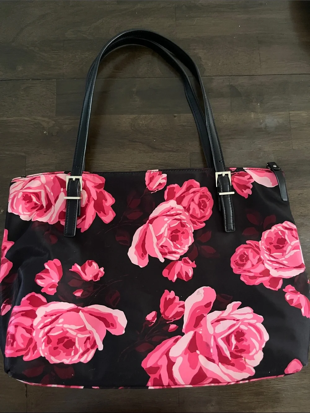 kate spade Black Tote with Pink Rose Print